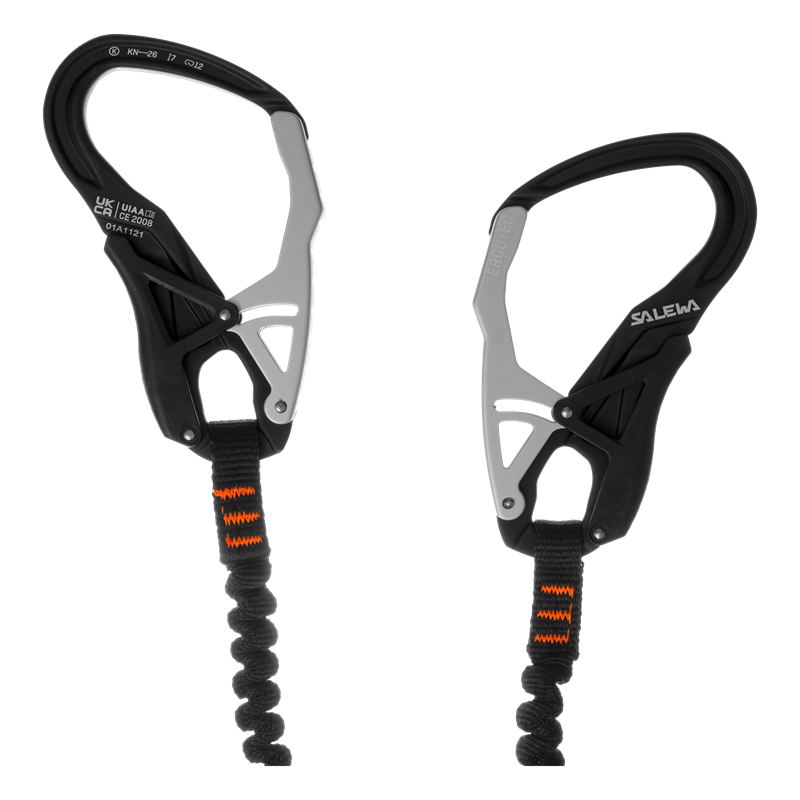 Two black and silver climbing devices with orange accents on a white background