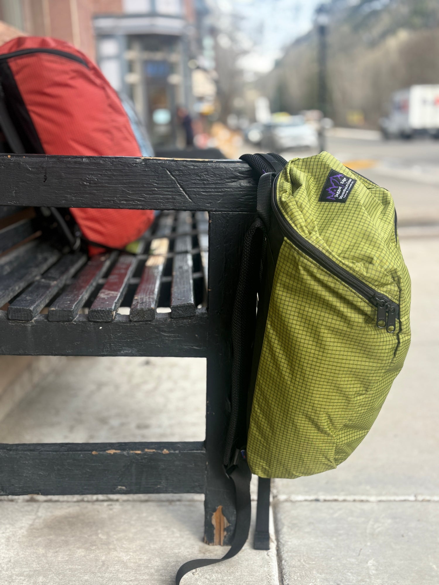 Green daypack bag attached to a black metal bench on Telluride's Main Street