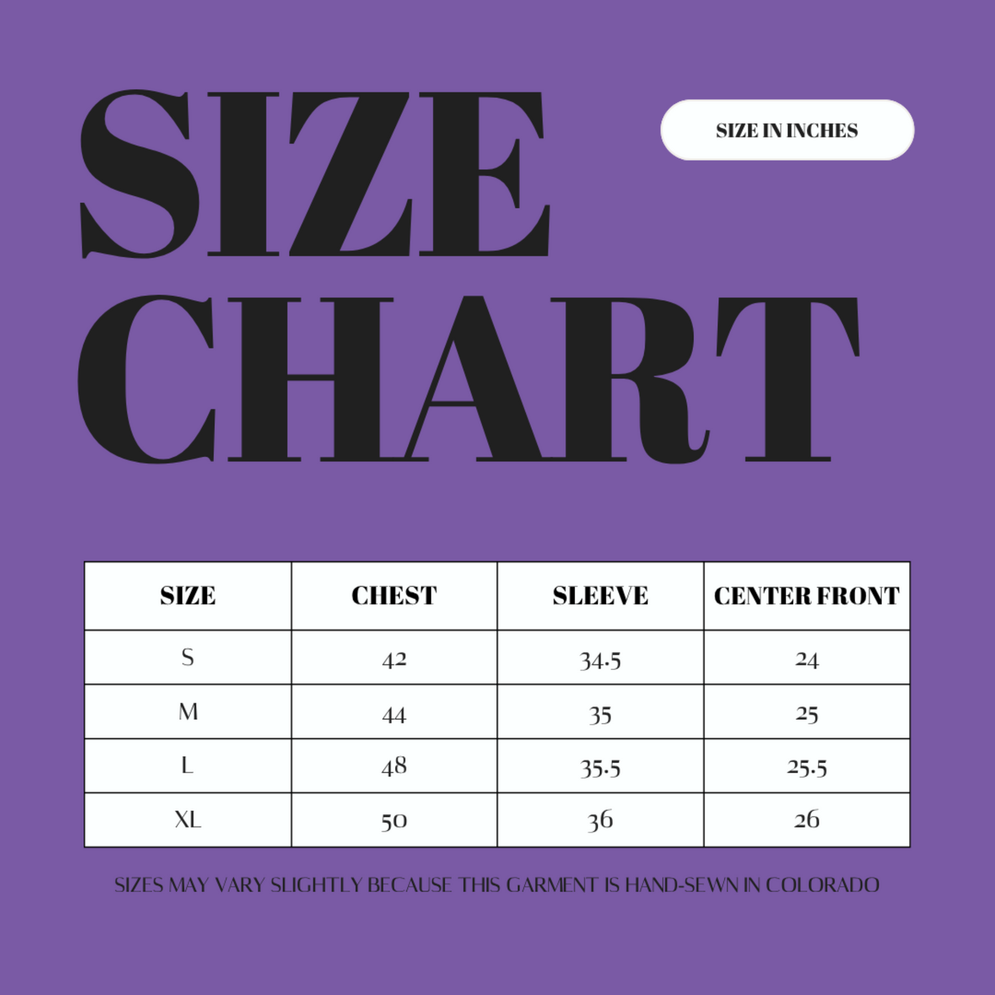A purple background with "Size Chart" in large letters and a chart below depicting the size of the High Pile Fleece Hoodie in chest, sleeve, and center front measurements