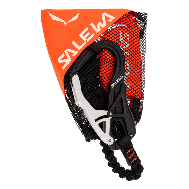 An orange via ferrata set from Salewa in a mesh bag
