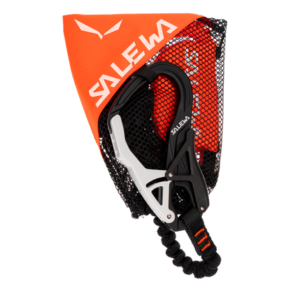 An orange via ferrata set from Salewa in a mesh bag