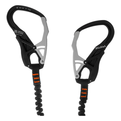 Two black and silver climbing devices with orange accents on a white background