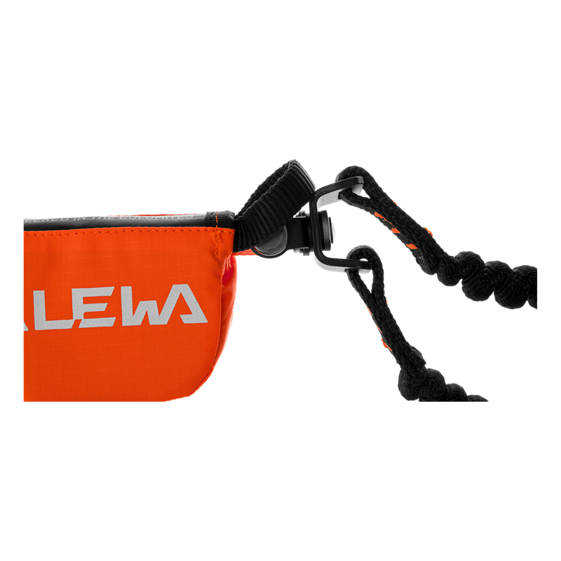 Orange pouch with black bungee cord and Salewa branding on a white background